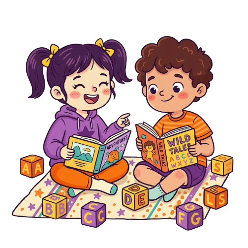 Happy children reading and playing